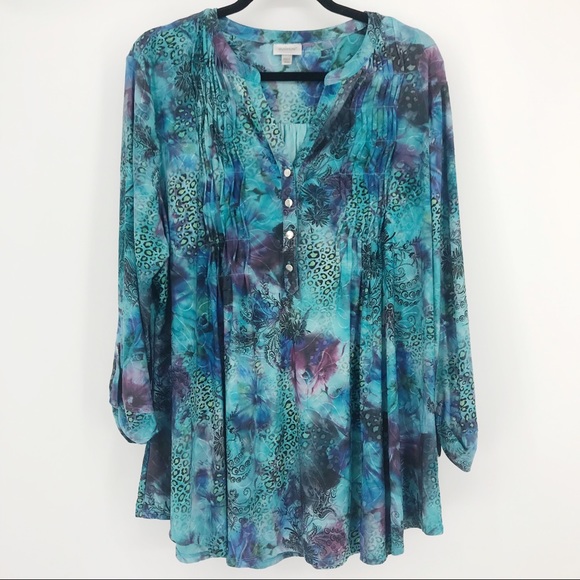 Avenue Tops - 22/24 Watercolor Leopard Print Tab Sleeve Blouse
